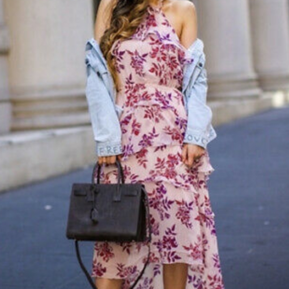 EXPRESS Pink Tiered Ruffle Floral Printed Halter Midi Dress